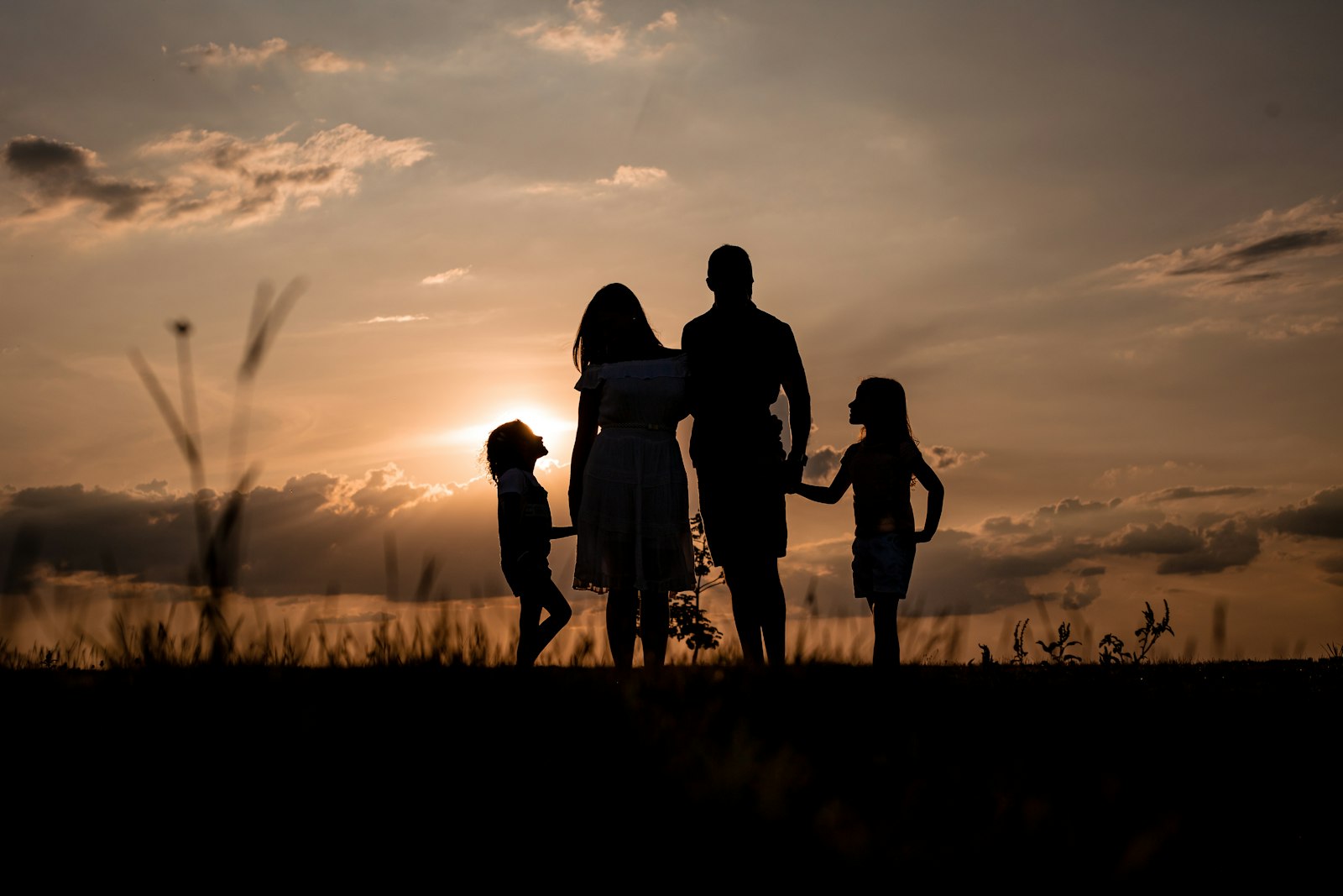 A family silhouetted in a field at sunset