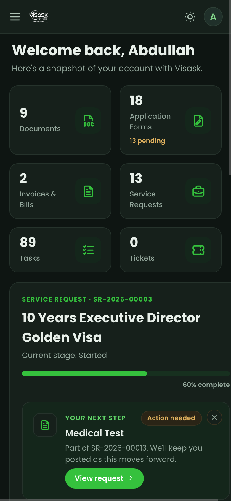The Visask customer portal on mobile — a live account overview with a '10 Years Executive Director Golden Visa' application at 60% complete, its current stage, and the next step (Medical Test) to action, above quick counts of documents, application forms and invoices.